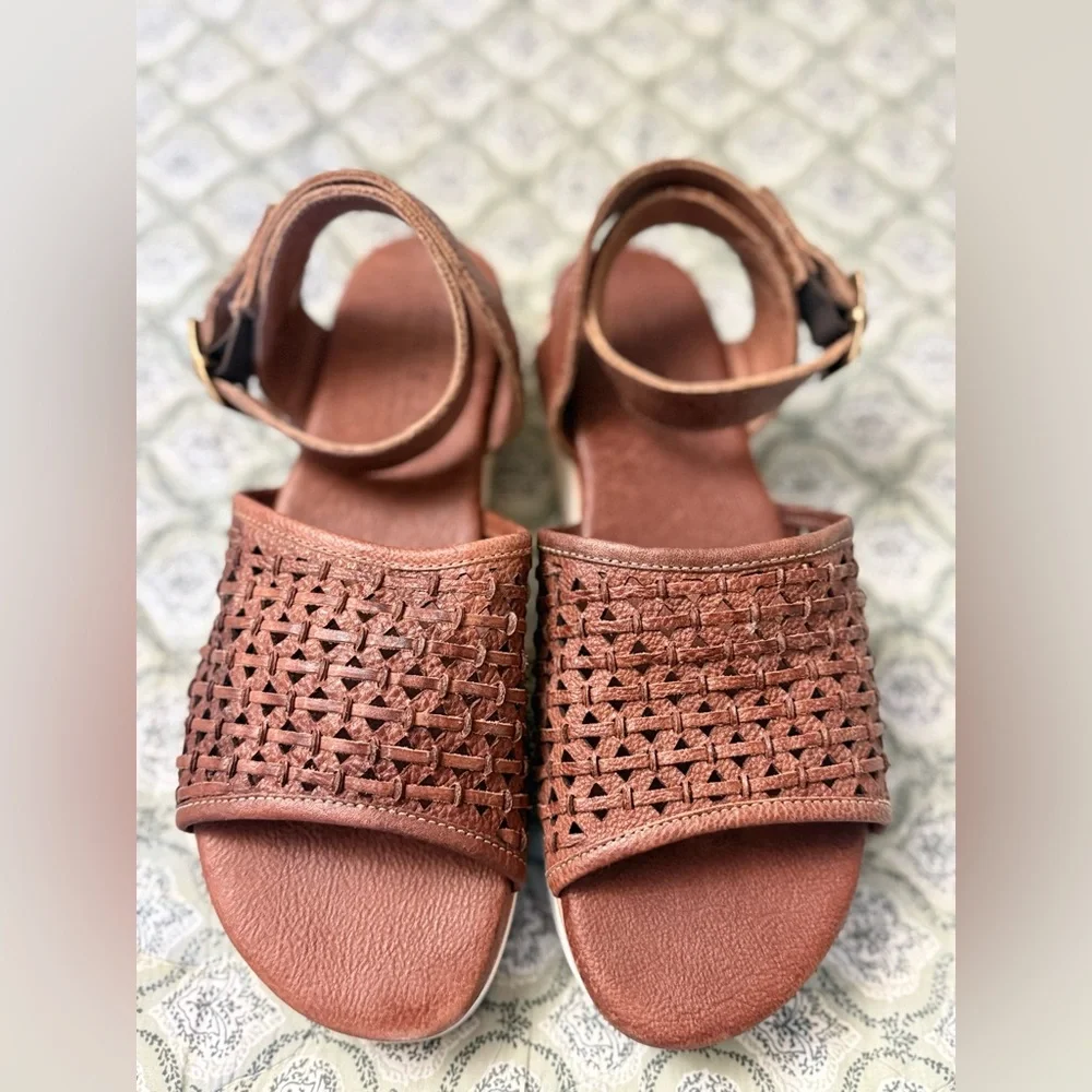 Bed Stu Brisa Brown Leather Woven Platform Sandals Women’s Size 9.5‎ Ankle Strap